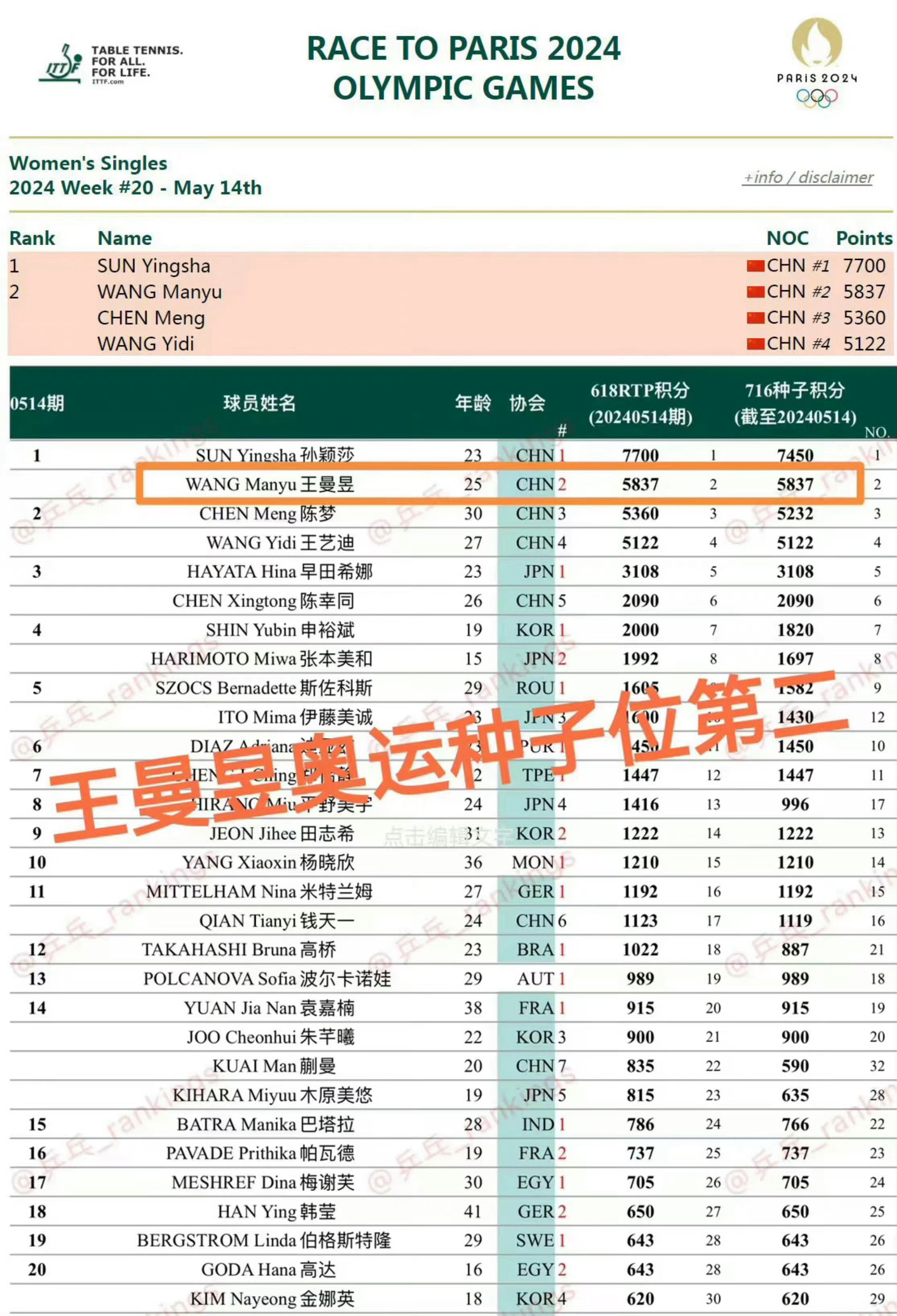 世界乒乓球女單最新排名，頂尖高手激烈競爭